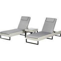 Outsunny 3-piece PE Rattan Sun Lounger Set with Adjustable 5-Position Recliner, Patio Chaise Lounge Chair Set with Cushions, Headrests, Glass Top Square Coffee Table, Light Grey