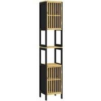 HOMCOM Tall Bathroom Storage Cabinet, Slim Bamboo Bathroom Cabinet with 2 Open Compartments, 2 Slatted Doors and Adjustable Shelves, Black