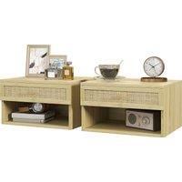 HOMCOM Set of Two Rattan Panel Floating Bedside Tables - Wood-Effect