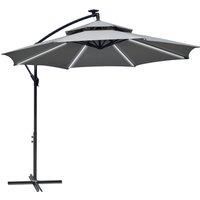 Outsunny 3(m) Cantilever Banana Parasol Hanging Umbrella with Double Roof, LED Solar lights, Crank, 8 Sturdy Ribs and Cross Base for Outdoor, Garden, Patio, Light Grey