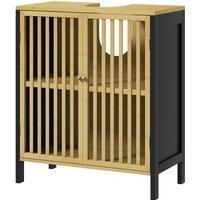 HOMCOM Under Sink Bathroom Cabinet, Bamboo Sink Storage Cabinet, Bathroom Vanity Unit with 2 Slat Doors, Adjustable Shelf and U-Shape Slot for Pipe Fit, Natural