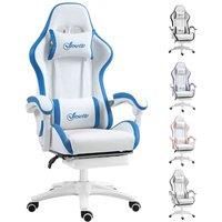 Vinsetto Computer Gaming Chair, PU Leather Desk Chair with Footrest, Swivel Task Chair with 135° Reclining Back and Lumbar Support, PC Chair for Adults, White and Blue