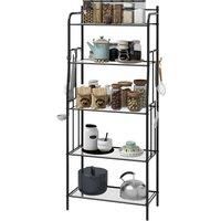 HOMCOM 5-Tier Kitchen Storage Unit, Microwave Stand with 5 Mesh Open Shelves and 4 Hooks, Modern Coffee Bar Station with Steel Frame for Living Room, Black