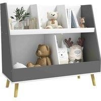 HOMCOM Kids Storage Shelf, 2 Tier Kids Book Shelf with 5 Compartments, Anti-Tip Device, Pine Wood Legs, for Nursery, Playroom, Classroom, Grey