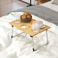 HOMCOM Foldable Wine Picnic Table, Portable Wine Table with Bottle Holder and 2 Glass Holders, Folding Bamboo Outdoor Beach Table with Steel Legs for Hiking, Camping, Natural