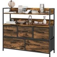 HOMCOM Rustic Chest of Five Fabric Drawers - Brown Wood Effect