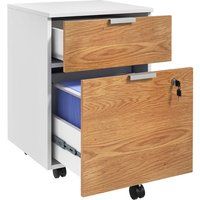 HOMCOM 2 Drawer Filing Cabinet with Lock and Wheels, Mobile File Cabinet with Adjustable Hanging Bars for A4 and Letter, Under Desk Office Cabinet, White and Natural Wood Effect