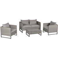 Outsunny 4-Seater PE Rattan Garden Furniture Wicker Dining Set w/ Glass Top Table, Cushions, Light Grey