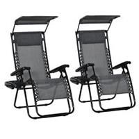 Outsunny 2 Piece Zero Gravity Chairs Adjustable Lounge w/ Cup Holder Light Grey