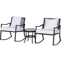 Outsunny 2 Seater Rattan Bistro Set 2 Rocking Armchair with Pillow Cushion & Tempered Glass Round Coffee Table Wicker Weave Furniture, Brown