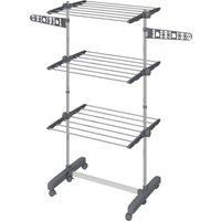 HOMCOM 3-Tier Clothes Airer, Foldable Clothes Drying Rack, Stainless Steel Indoor and Outdoor Clothes Dryer with Wheels and Wings, Easy Assembly, 142 x 55 x 152cm, Grey