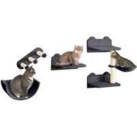 PawHut 4PCs Wall Mounted Cat Tree Cat Wall Shelves Furniture Climbing Shelf Set Kitten Activity Centre w/Hammock, Scratching Post - Dark Grey