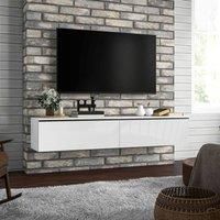 HOMCOM Wall Mounted TV Stand Unit with Storage and High Gloss Effect, White, White