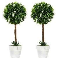Homcom Set Of 2 Potted Artificial Plants Ball Tree With Flowers, White