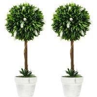 HOMCOM Set of 2 Decorative Artificial Plants Ball Trees with Flower for Home Indoor Outdoor Decor, 60cm ,White