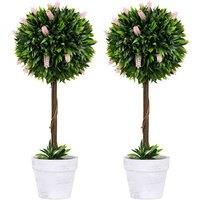 Homcom Set Of 2 Potted Artificial Plants Ball Tree With Flowers, Pink