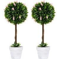 HOMCOM Set of 2 Decorative Artificial Plants Ball Trees with Flower for Home Indoor Outdoor Decor, 60cm ,Pink