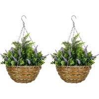 Outsunny 2 PCs Artificial Lisianthus Flower Hanging Planter with Basket for Indoor Outdoor Decoration, Purple