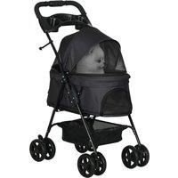 PawHut Pet Stroller, Foldable Cat Dog Pushchair, Pet Travel Carriage with 4 Wheels, Adjustable Canopy, Safety Leashes, Storage Basket and Cup Holder for Small Dogs, Black