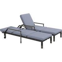 Outsunny Outdoor PE Rattan Sun Lounger Set of 2, Wicker Chaise Recliner Garden Chair with 5-Level Adjustable Backrest and 2 Wheels, Dark Grey