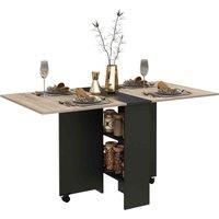 HOMCOM Folding Dining Table, Drop Leaf Table for Small Spaces with 2-tier Shelves, Small Kitchen Table with Rolling Casters, Oak and Black