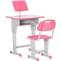 HOMCOM Kids Desk and Chair Set, Height Adjustable Study Table Set with Storage Drawer, Book Stand, Cup Holder, Pen Slot, Pink
