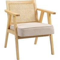 HOMCOM Bohemian Armchair, Fabric Accent Chair with Rattan Back, Rubber Wood Frame and Padded Seat Cushion for Living Room, Bedroom, Home Office, Natural Wood Finish