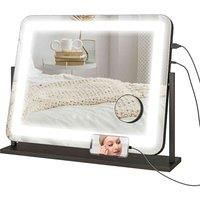 HOMCOM Vanity Mirror with Lights, Large 63x50 cm Lighted Makeup Mirror with 3 Colour Lighting Modes, 10X Magnifying, USB Charging Port, Phone Holder, 360° Rotation, Touch Screen, for Dressing Table