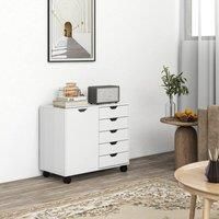 HOMCOM Lateral Filing Cabinet, 5-Drawers File Cabinet with Door and Adjustable Shelf, Mobile Office Storage Cabinet on Wheels, Printer Stand for Home Office, White