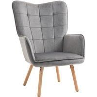 HOMCOM Modern Accent Chair Velvet-Touch Tufted Wingback Armchair Upholstered Leisure Lounge Sofa Club Chair with Wood Legs, Grey