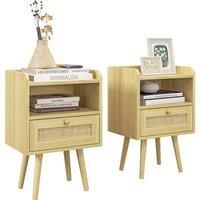 HOMCOM Bedside Table Set of 2, Boho Nightstand with Drawer, Storage Compartment, Natural Wood Finish Aosom UK