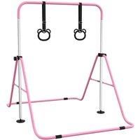 HOMCOM Kids Gymnastics Bar, Horizontal Bar for Kids, Adjustable Height Folding Gymnastics Equipment with Gymnastic Rings, Non-slip Rubber Floor Rings, for Home, Flat, Pink