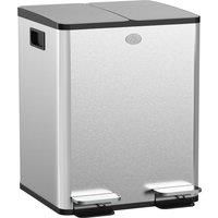 HOMCOM 2 x 20L Pedal Bin, Steel Dual Kitchen Bin with Soft Close Lid, Removable Inner Buckets, Fingerprint-Proof, Silver Aosom UK
