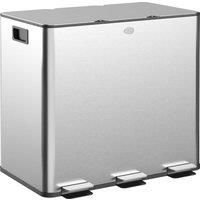 HOMCOM 3 x 15L Pedal Bin, Steel Triple Kitchen Bin with Soft Close Lid, Removable Inner Buckets, Fingerprint-Proof, Silver