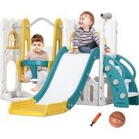 AIYAPLAY 6-in-1 Swing and Slide Set, Kids Playground with Basketball Hoop, Telescope, Storage Space - Yellow