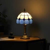 HOMCOM Handmade Stained Glass Table Lamp, Antique Bedside Lamp for Bedroom, Living Room, Home, Nightstand, Decorative Night Light, Blue