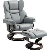 Faux Leather Recliner Chair and Footstool, HOMCOM Swivel Upholstered Armchair w/ Adjustable Backrest, Wood Base, Light Grey Aosom UK