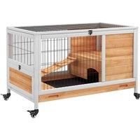 PawHut Wood Indoor Rabbit Hutch 2-Floor Design w/ Wheels, Yellow, Yellow
