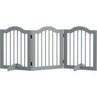 PawHut 3 Panels Dog Gate w/ Support Feet Fence Safety Barrier Freestanding Wood Light Grey Aosom UK