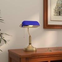 HOMCOM Banker/'s Table Lamp Desk Lamp with Antique Bronze Tone Base, Blue Glass Shade and Pull Rope Switch for Home Office, Living Room, Bedroom, Dining Room, Blue