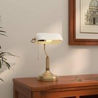 HOMCOM Banker/'s Table Lamp Desk Lamp with Antique Bronze Tone Base, White Glass Shade and Pull Rope Switch for Home Office, Living Room, Bedroom, Dining Room, White