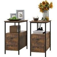 HOMCOM Set of 2 Side Table, Narrow Bedside Table with 2 Drawers and Storage Shelf, Industrial End Table with Metal Frame, Rustic Brown Aosom UK