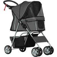 PawHut Foldable Four-Wheel Pet Stroller with Brake and Storage Basket - Dark Grey, Grey