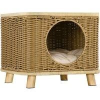 PawHut Elevated Design Wicker Cat House with Washable Cushion, Light Brown Aosom UK
