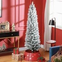 HOMCOM 7ft Artificial Pencil Christmas Tree with 405 Snow Flocked Branches, Metal Base, Realistic Xmas Tree, White