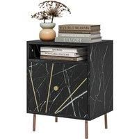 HOMCOM Marble Effect Bedside Table, Modern Side Table with Drawer, Open Shelf and Gold Tone Metal Legs for Bedroom, Living Room, Black