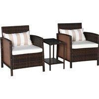 Outsunny Rattan Garden Furniture 3 Pieces Patio Bistro Set Wicker Weave Conservatory Sofa Chair & Table Set with Cushion Pillow - Brown