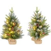 HOMCOM 2 Pieces 2ft Prelit Artificial Christmas Tree with LED Light and 141 Tips, Concrete Base, Tabletop Xmas Tree with Pine Cones and Red Berries, Green