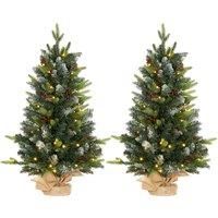 HOMCOM 2 Pieces 3ft Prelit Artificial Christmas Tree with LED Light and 291 Tips, Concrete Base, Tabletop Xmas Tree with Pine Cones and Red Berries, Green