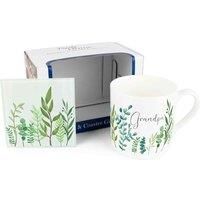 Grandpa Mug & Coaster Gift Set - Green Leaves & Foliage Indoor Plants Bone China Mug and Glass Coaster Set - Tea/Coffee Present for Fathers Day
